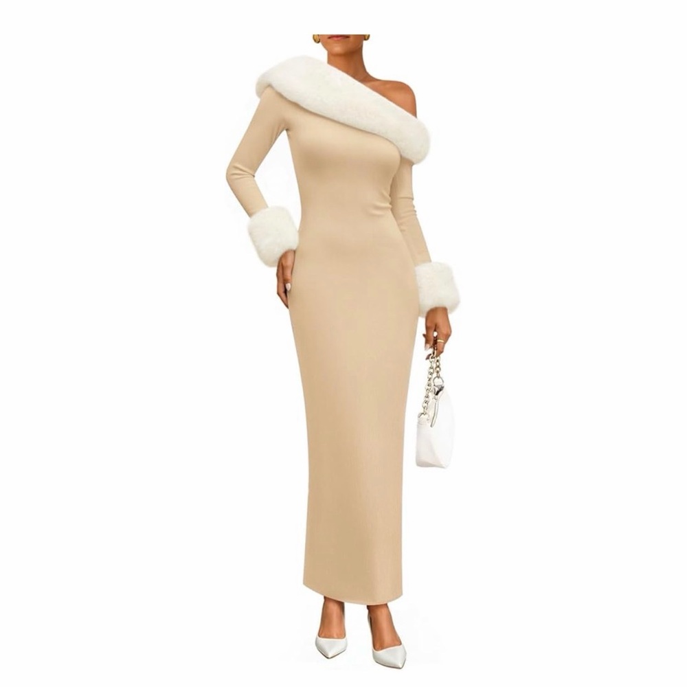 Women Off The Shoulder Beige Dress with White Trim